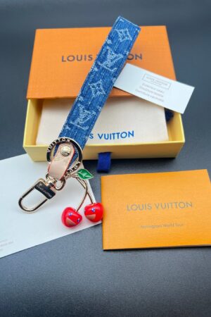 LV cherry denim keychain, blue denim strap with golden cherry charm, super cute design!